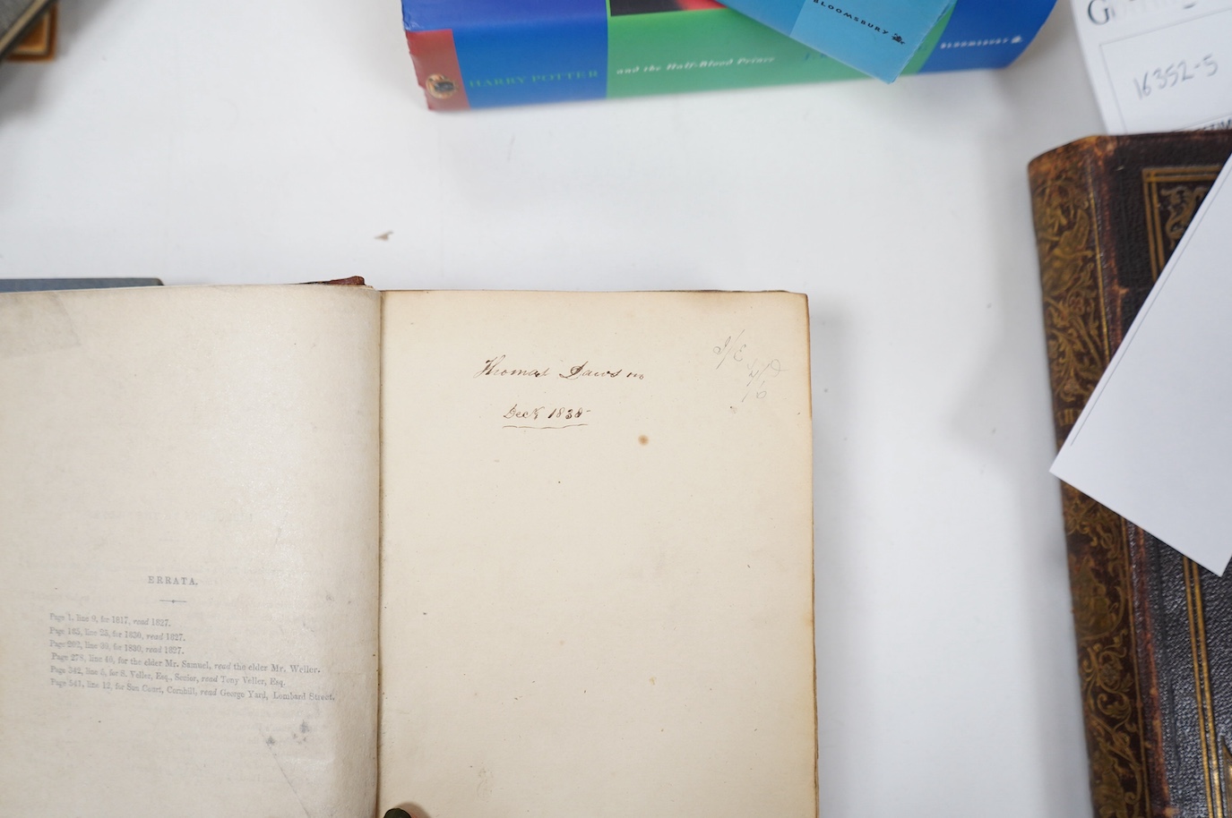 Dickens, Charles - The Posthumous Papers of the Pickwick Club. 1st edition. pictorial engraved and printed titles and 41 plates (by Seymour & Phiz; lacks frontis and preface); old calf (rejoined). Chapman and Hall, 1837